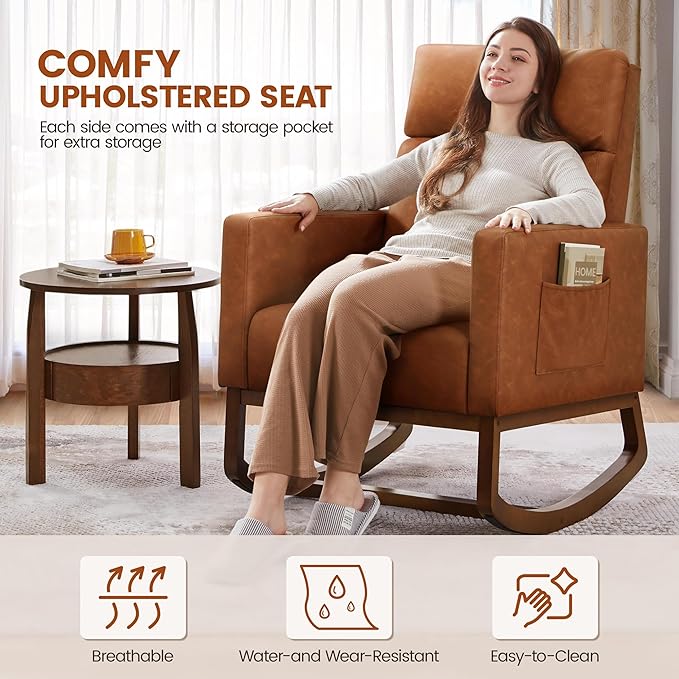 Yaheetech Leather Living Room Chair Rocking Accent Chair Modern Nursery Glider Chair with High Back and Side Pocket Accent Rocker Armchair with Wood Legs for Living Room Bedroom Study Brown