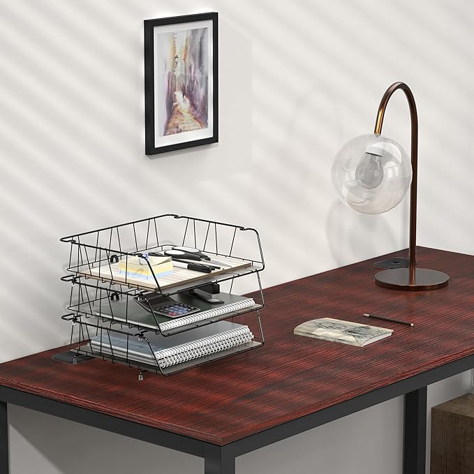 Simple Houseware Stackable Wide Entry Desk File Document Letter Tray with Liner Wire Grid 3 Packs Black