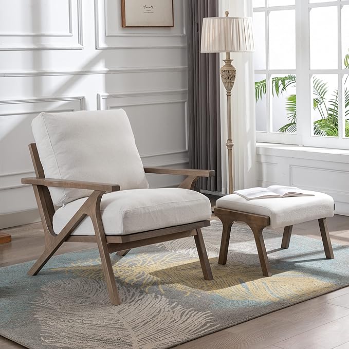 chairus Mid-Century Modern White Linen Accent Chairs with Ottomans Set of 2 Comfy Upholstered Lounge Armchairs with Solid Wood Frame Fabric Reading Chairs for Living Room Bedroom Office