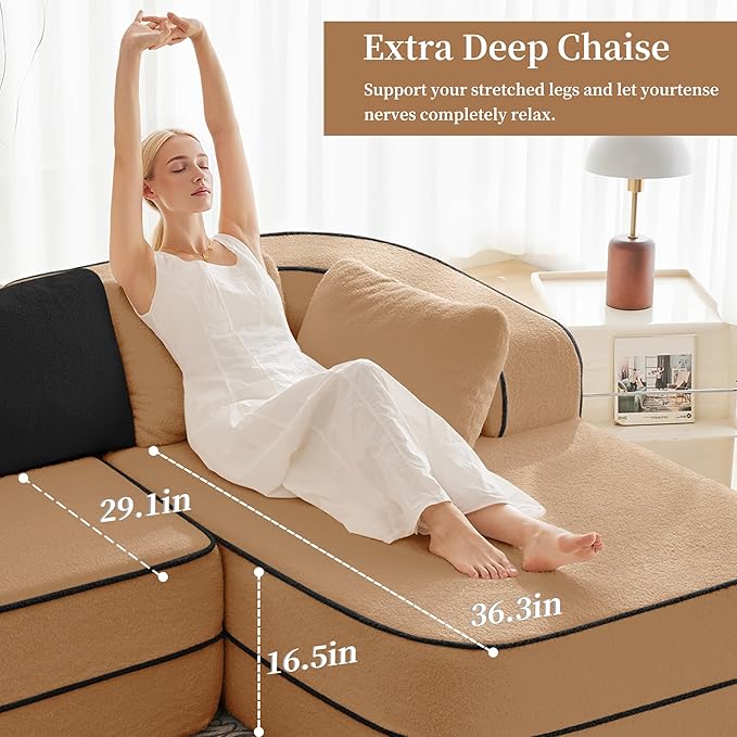 77.2 Contrast Color Boneless Sectional Sleeper Couch Teddy Fabric Foam Cloud Sleeper Sofa Bed Extra Deep Seat Wide Arm Modular Sectional Sofa with Chaise No Assembly Required