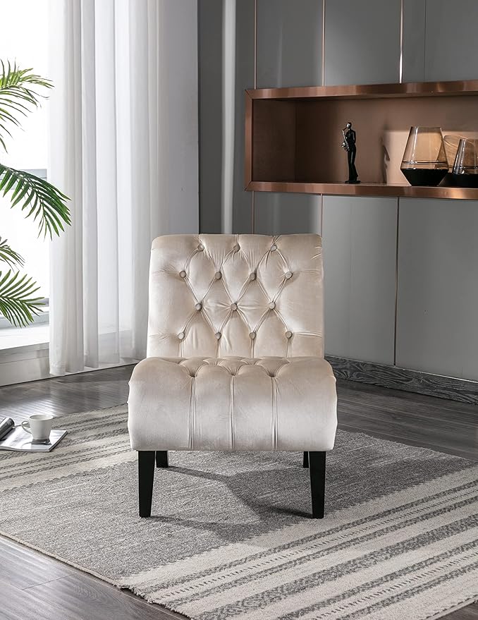 Modern Velvet Armless Accent Living Room Chair Leisure ChairUpholstered Fabric Button Comfortable Chair with Wooden Legs for Bedroom Living Room Office (Beige Velvet)