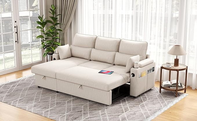 Sectional Sleeper Sofa with Pull Out Couch Bed with Storage Chaise for Living Room Comfy Linen Modular Sectional Sofa with Dual USB &amp Type-C Cup Holders (Beige 81 Inches)