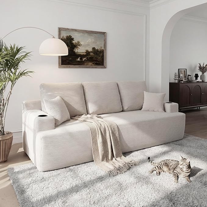 87 Modern 3-Seater loveseat Sofa Comfy Deep Seat Boneless Couch with Plush Corduroy Fabric Built-in Cup Holders &amp Side Storage Pockets for Living Room Bedroom and Apartment