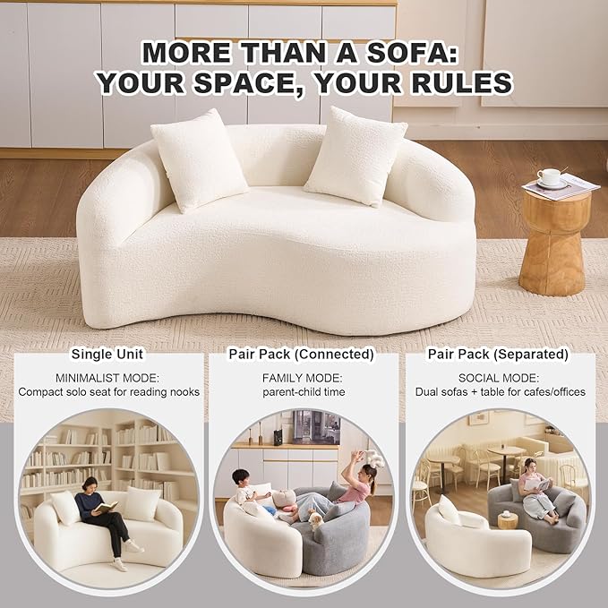 Modern Chenille S-Curved Modular Loveseat Sofa 66.9 Compression Sponge Boneless Couch No Assembly Required Cozy Upholstered Seating for Living Room Apartment Office or Meditation Space (White)