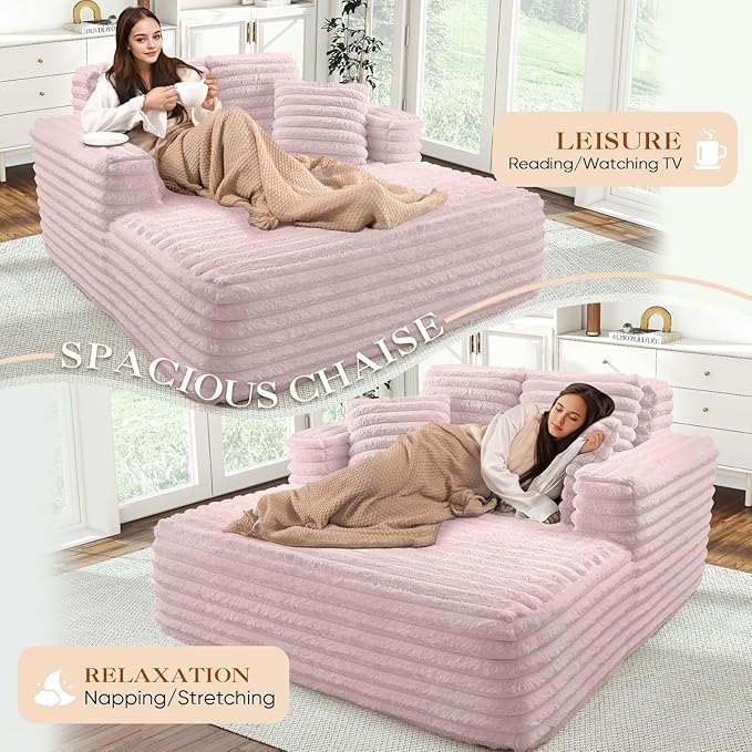 Chaise Lounge Chair Indoor Comfy Corduroy Plush Fluffy Foam Floor Compression Sofa Chair Leisure Reading Single Sleeper Chaise Chair for Living Room Bedroom Office Pillows Included (Pink)