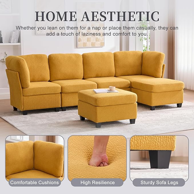 KEIKI 115 U-Shaped Polyester Modular Sectional Sofa with 2 Movable Ottoman &amp Storage Seat Upholstered Convertible Oversized 6-Seater Couch Free Combination Easy Assembly for Living Room Yell