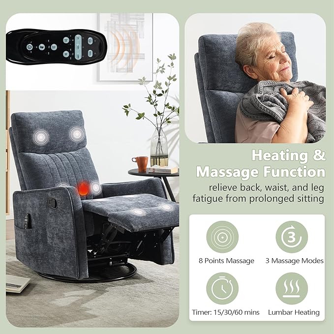 cinkehome Heated Massage Swivel Rocker Recliner Chair for Nursery - Small Space Reclining Chair with Lumbar Support 360° Swivel &amp Gentle Rocking Ergonomic High Back Chenille Fabric Blue