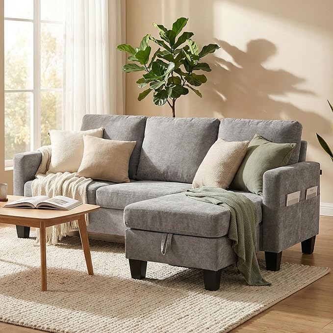 Furnimart Modern Small 3-Seater Sofa Set with Storage Ottoman Compact Couch for Small Space Chenille Fabric Solid Wood Frame Side Pocket &amp Storage Footstool Living Room Apartment(Grey)