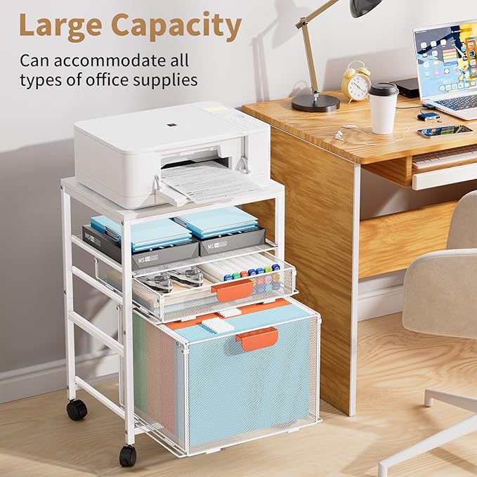 Marbrasse Rolling File Cart with Handle Mobile File Cabinet on Lockable Wheels Office Filing Cabinet Organizer Printer Stand with Hanging File Folder Organizer for Home Office - White