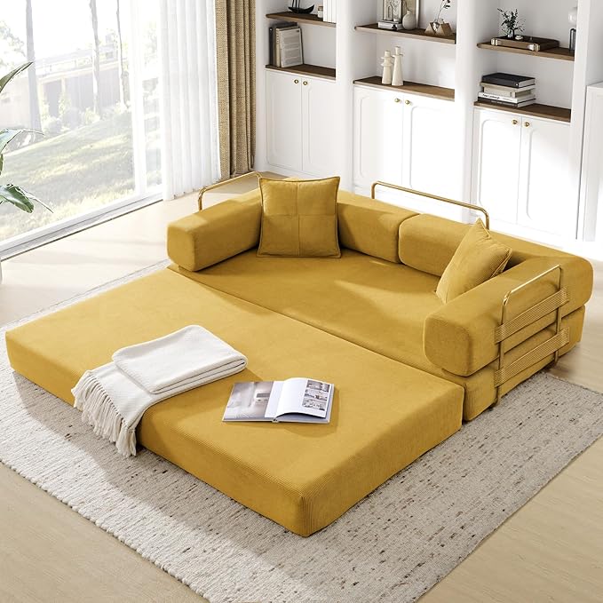 Convertible Folding Sofa Bed Corduroy Sleeper Mattress Couch with Fixed-Shape Frame Free Combination Loveseat Lounge Floor Sofa Queen Size Memory Foam Couch for Living Room Bedroom Yellow