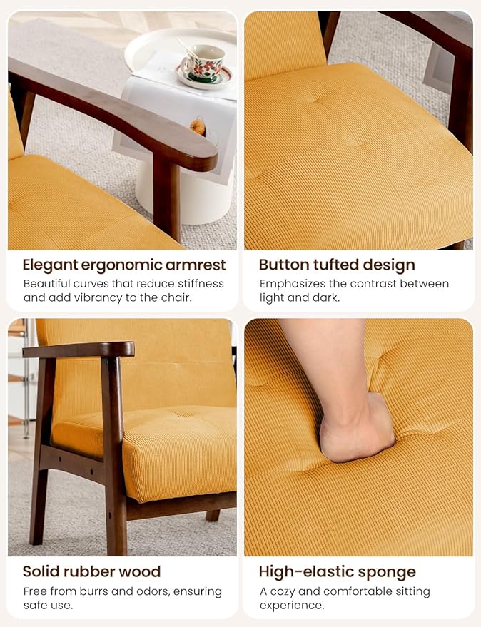 Mid Century Modern Accent Chairs for Living Room Comfy Bedroom Chairs for AdultsSmall Wide Reading Nook Arm Chair 105° Ergonomic Cozy Ginger Corduroy Armchair with Rubber Wood