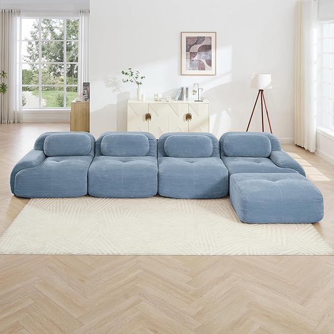 153 Foam Compressed Cloud Sofa28 Feep Seat Pet-Friendly Corduroy Oversize Sectional Couch with Movable Ottoman 4 Seater Modular Cloud Couch for Living Rooms Apartments Leisure RoomsBlue