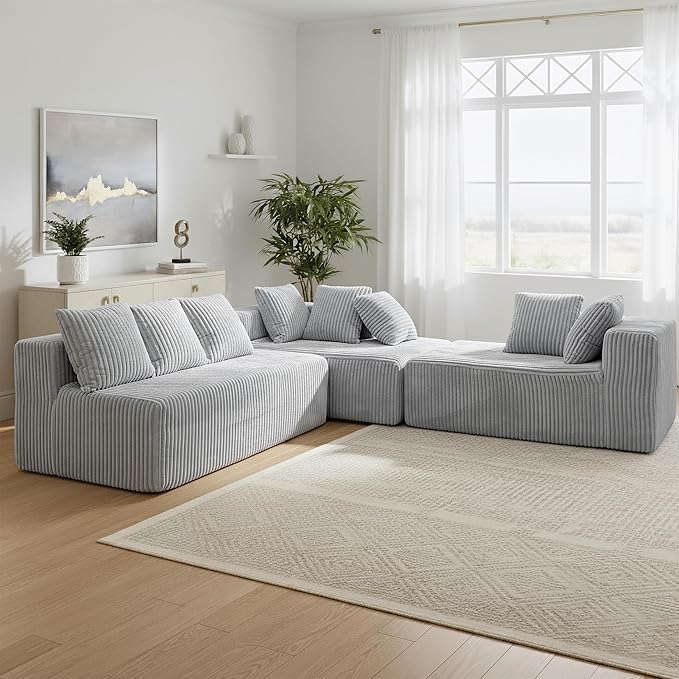 130 Boneless Couch Cloud Couch Sectional Corduroy Sofa for Living Room U Shaped Modular Sofa with Chaise No Assembly 4 Seats Oversized (Grey)