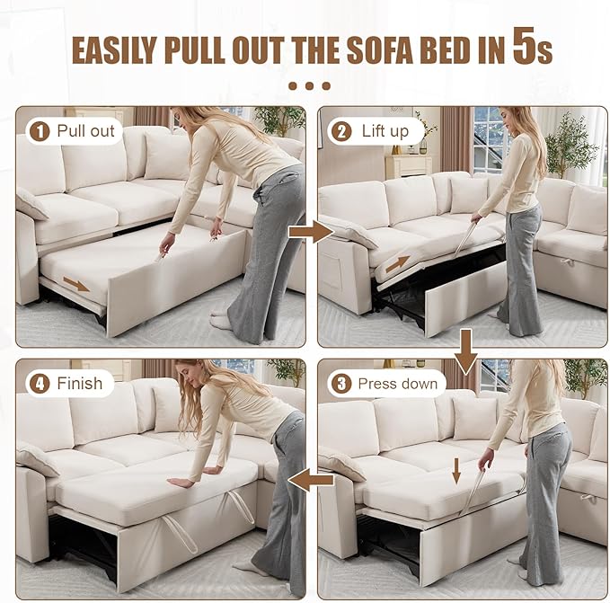 85 Modular Sectional Sofa with Pull Out Bed L Shaped Couch with Storage 5-Seater Sleeper Sofa Sectional Couches for Living Room Cloud Modular Couch with Removable Sofa Cover