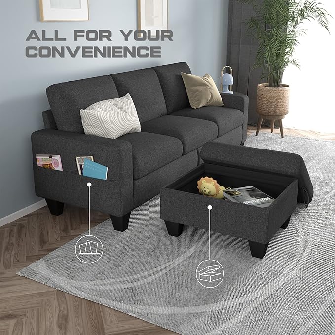 78'' Convertible Sectional Sofa Couch: Dark Grey 3 Seat L-Shaped Sofa Couches with Storage Ottoman and Pockets - Modern Linen Upholstered Sofa Couch Sets for Living Room Office Apartment Small Space