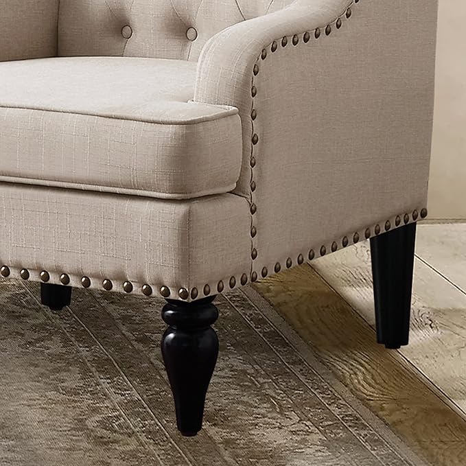 Rosevera Emmie Accent Chairs Upholstered ArmchairLinen Fabric Comfy Reading Seat Lounge for Living Room Bedroom ApartmentEasy Assembly Natural