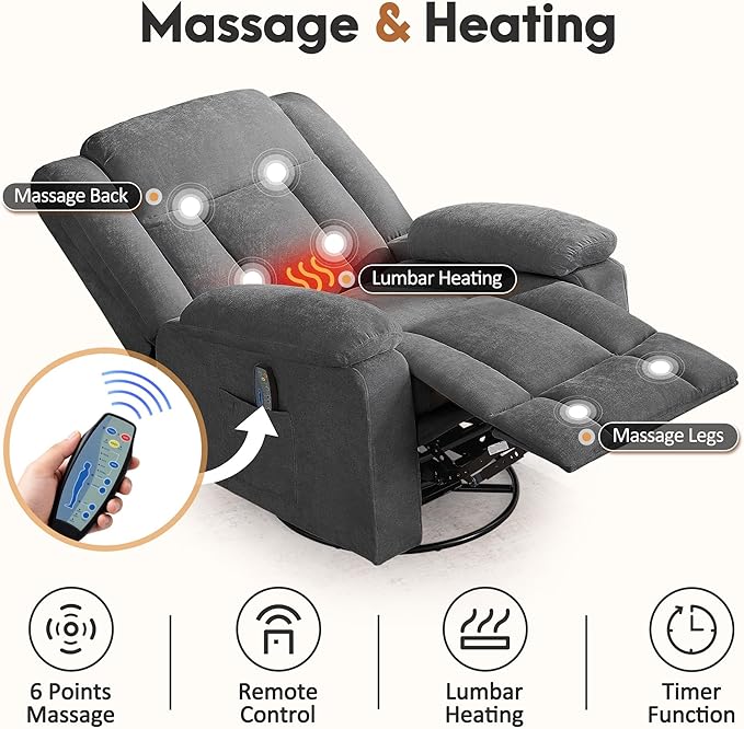 Rocker Recliner Chair for Adults 360° Swivel Rocker Recliner with Massage and Heating Nursery Rocking Chairs with Side Pockets Manual Reclining Chair for Living Room Bedroom or Nursery