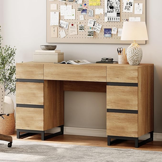 WAMPAT 59 Inch Modern Home Office Desk with Charging Station Wood Computer Writing Desk with 7 Deep Drawers Oak Executive Desk Study Table for Living Room Home Office