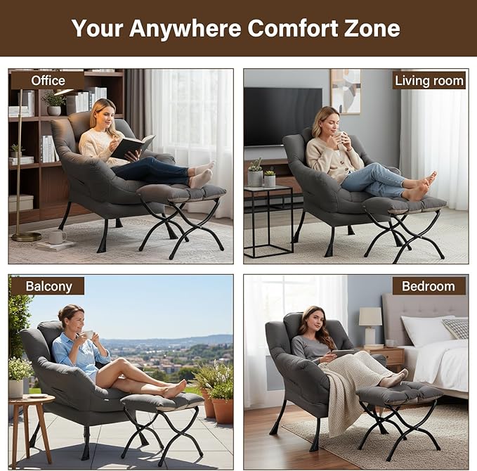 Welnow Lazy Chair with Ottoman Modern Accent Chair with Armrests and a Side Pocket Leisure Sofa Armchair Reading Armchair with Footrest for Small Space Dark Grey