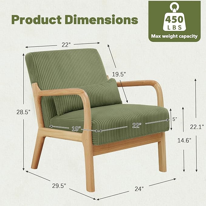 Accent Chair Set of 2 Mid-Century Modern Armchair with Waist Cushion Fabric Lounge Reading Chair with Wood Frame Comfy Sitting Seat for Living Room Bedroom Balcony up to 450lbs Green