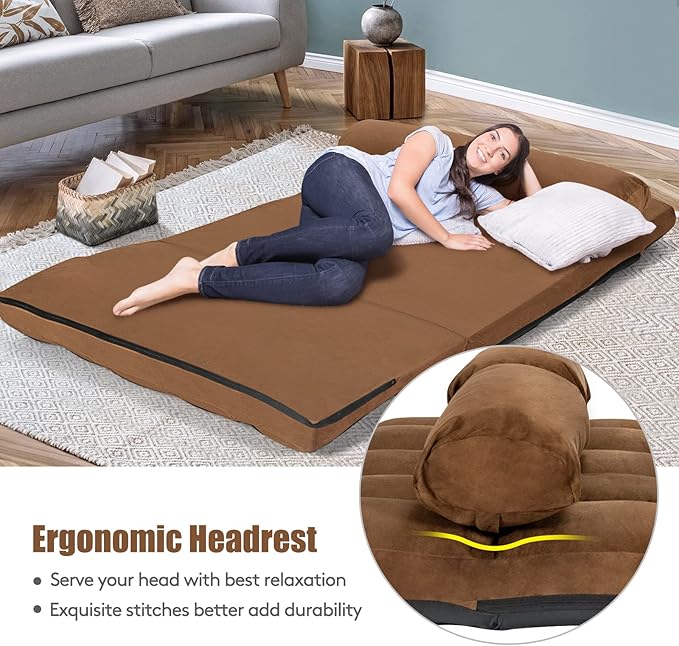 KOMFOTT Adjustable Floor Sofa Bed Foldable Lazy Sofa Sleeper Bed with 6 Position Backrest &amp 2 Pillows Convertible Futon Couch Bed with Suede Cloth Cover Lounge Recliner for Living Room (Coffee)