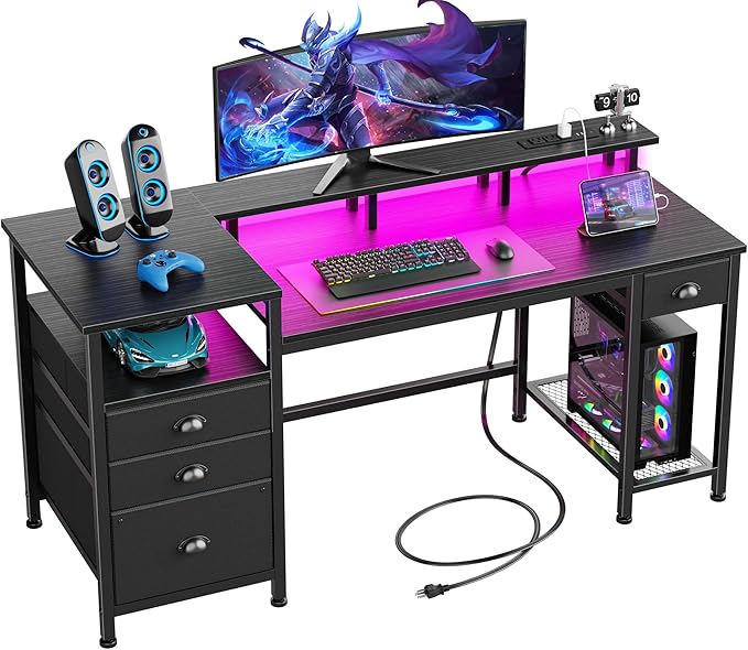 Furologee 60 Black Computer Desk with 4 Drawers and Printer Space Gaming Desk with LED Lights and USB Power Outlets Home Office Desk with Fabric File CabinetStudy Work Table with Shelf for Bedroom