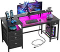 Furologee 60 Black Computer Desk with 4 Drawers and Printer Space Gaming Desk with LED Lights and USB Power Outlets Home Office Desk with Fabric File CabinetStudy Work Table with Shelf for Bedroom