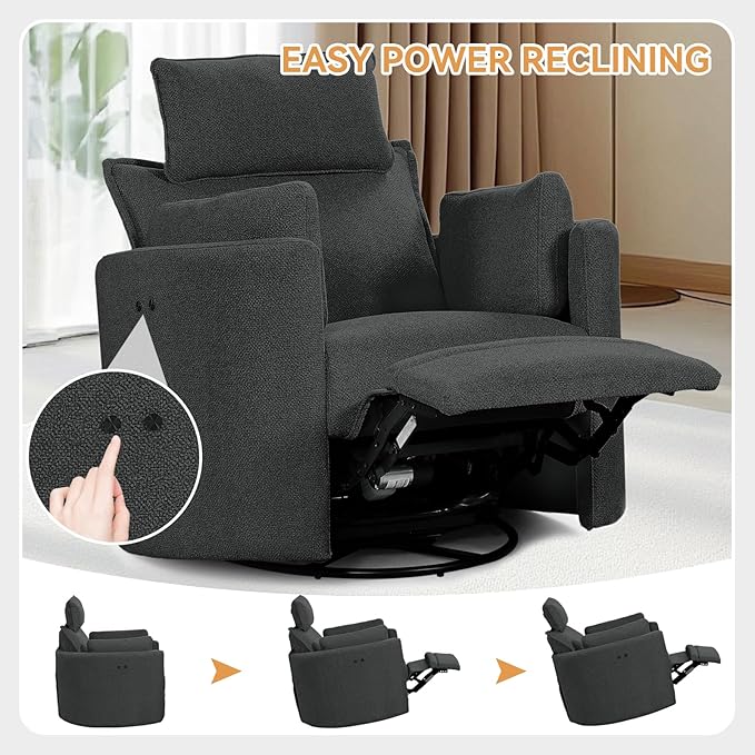Power Swivel Rocker Recliner Glider Nursery Chair for Adults Modern Leisure Sofa Chair with 2 Pillows for Small Spaces Bedroom Living Room Beige (Dark Grey)