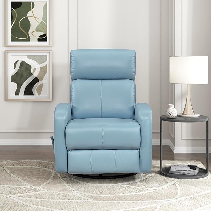 Lexicon Swivel Glider Reclining Chair Top Grain Leather Match Manual Pull Handle Recliner Comfy Nursery Glider Recliner Swivel Reclining Chair for Living Room/Office/Bedroom/Apartment Blue