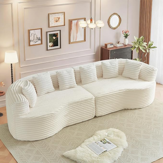106” Oversized Curved Sectional Couch Corduroy Memory Foam Boneless Compression Sofa Couch with 6 Pillows Modern Floor Deep Seat Sofa for Living Room Office Apartment No Assembly Needed Beige