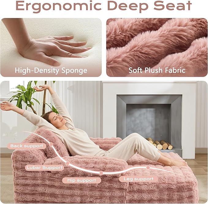 Oversized Lounge Chair Plush Faux Fur Comfy Reading Chair Boneless Chaise Sofa Recliner Bed Sleeper Couch with Wide Pillow Armrest for Living Room Bedroom (Pink)