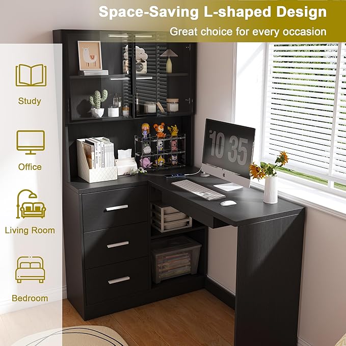 62 Inch L Shaped Office Desk with LED Light &amp Power Outlet Corner Computer Desk with Glass Cabinets Keyboard Tray Larger Gaming Desk for Home Office Study (Black)