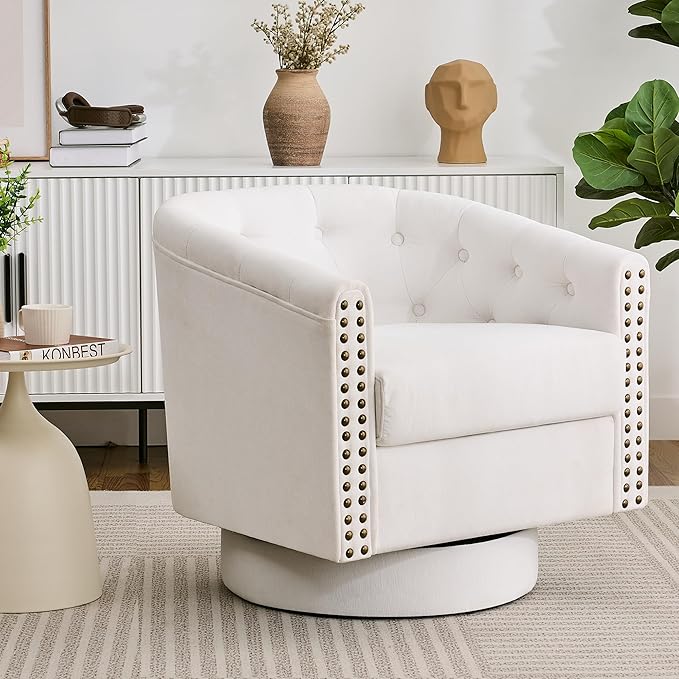 Swivel Barrel Accent Chair Chenille Fabric Living Room Chairs Modern Comfty Reading Chairs for Bedroom Small Club Armchair Single Sofa Side Chair Nailhead Trim Ivory White