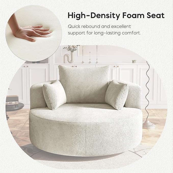 Oversized 360° Swivel Barrel Chair for Living Room Modern Comfy 56.3'' Round Boucle Reading Accent Chair with Extra Wide &amp Deep Seat Overstuffed Cushions Easy Assembly Cream White