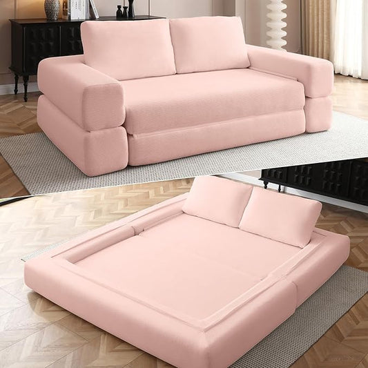 Modular Sectional Sofa Bed Convertible Folding Sofa Bed with Removable Backres Boneless Cloud Couch with Deep Seat Modern Fold-Out Futon Couch Bed for Living Room (Pink 81 Sofa Bed)
