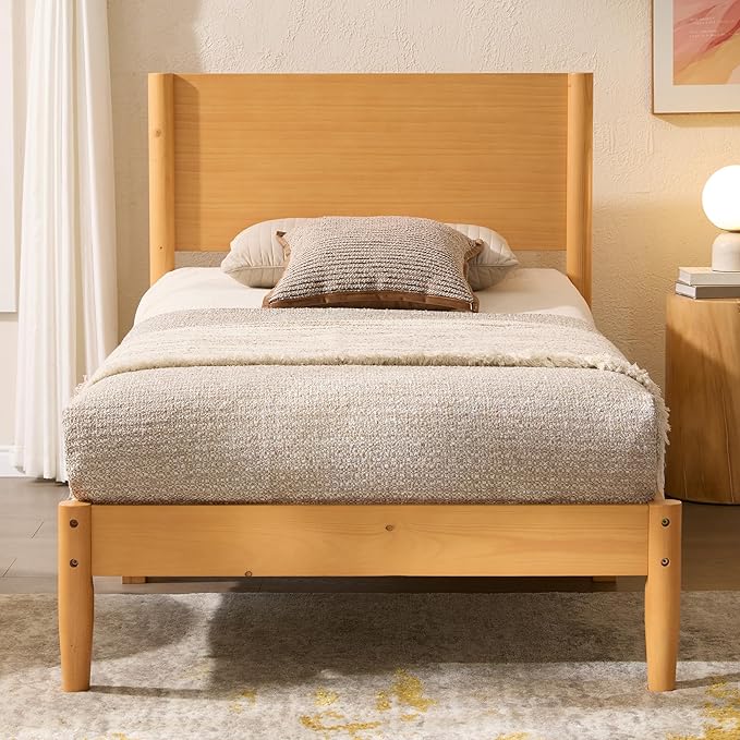 AMERLIFE Solid Wood Twin Bed Frame Mid Century Modern Platform Bed with Full Panel Headboard Noise-Free &amp Cylindrical Legs No Box Spring Needed Under-Bed Storage Natural Wood