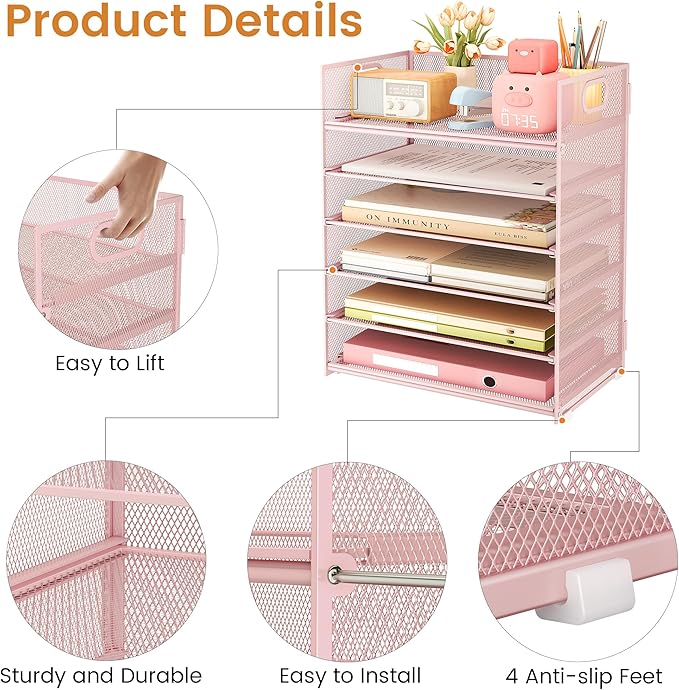Subekyu 6 Tier Office File Paper Desk Tray Organizer with Handle Stackable Slide Mesh Letter Tray Folder Pink Desk Organizer Desktop Document Sorter for Classroom Office Home Supplies Storage