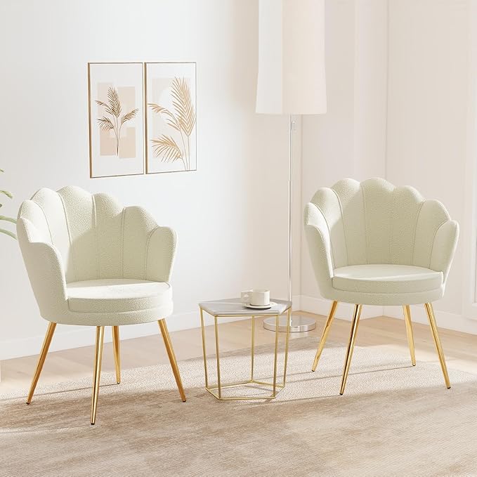 Furniliving Sherpa Vanity Chair Shell Accent Chair for Living Room Upholstered Accent Chair with Gold Metal Legs Makeup Chair for Vanity Armchair Guest Chairs Side Chair for Bedroom (White 2)