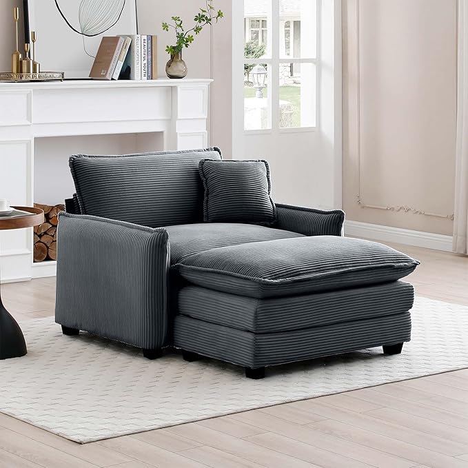 Oversized Deep Seat Single Sofa Chair 46 in Stylish Accent Couch Chair with Ottoman Footrest &amp One Throw Pillow Modern Upholstered Corduroy Fabric Comfy Armchair for Living Room Bedroom Grey