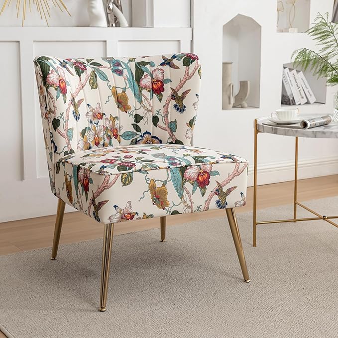Armless Accent Chair with Gold Metal Legs Modern Comfy Tufted Living Room Chair Velvet Upholstered Floral Side Chair Mid Century Slipper Chair for Bedroom Flower Print Beige