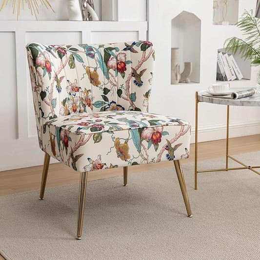 Armless Accent Chair with Gold Metal Legs Modern Comfy Tufted Living Room Chair Velvet Upholstered Floral Side Chair Mid Century Slipper Chair for Bedroom Flower Print Beige
