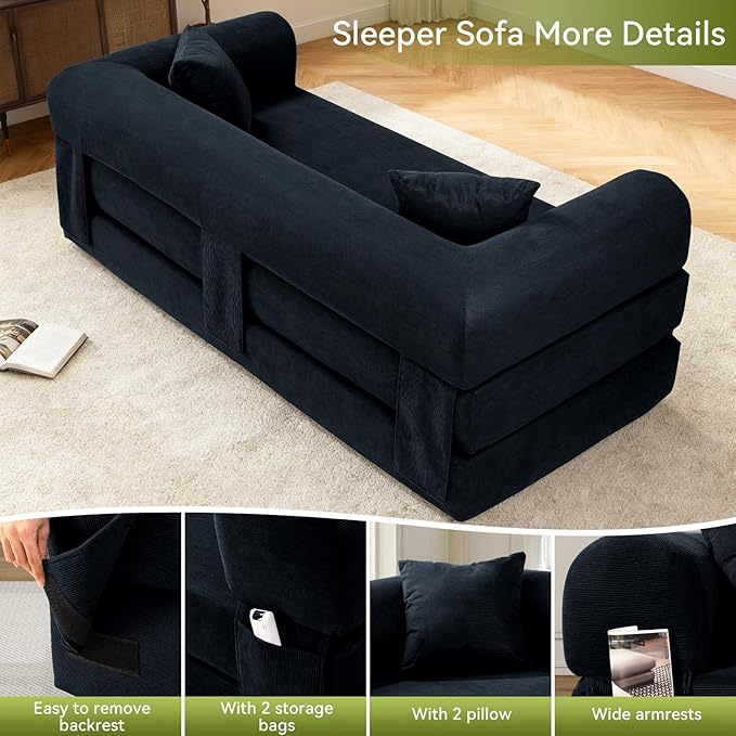 Convertible Futon Sofa Bed80 Folding Pull Out Couch Bed with StorageQueen Sleeper Sofa BedCompressed Couch in a BoxCorduroy Boneless Couches for Living RoomDeep Blue