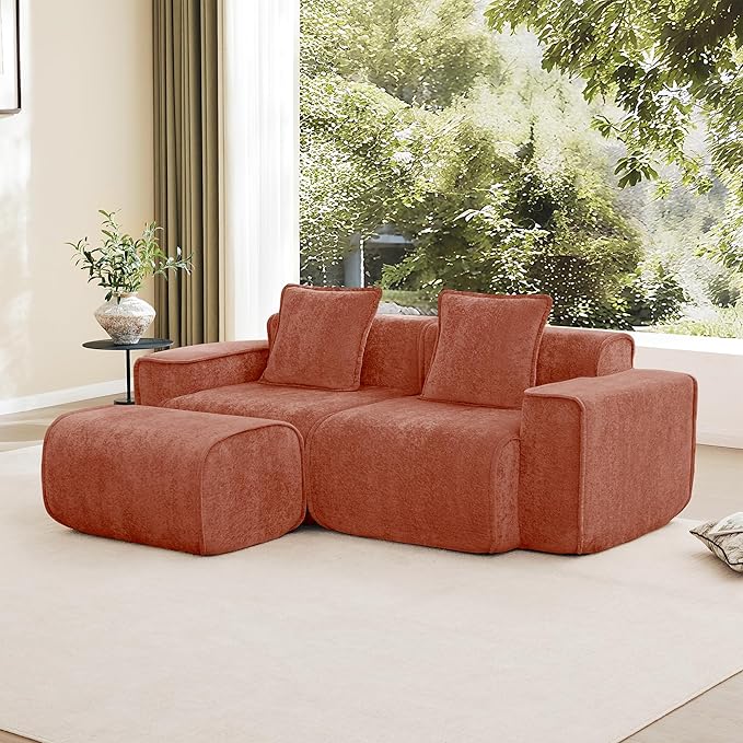 Casaphoria Red Modular Sofa 2 Seater L-Shaped Velvet Sectional with Ottoman &amp Detachable Pillows No Assembly French Piping Design 78.74 Inch Apartment Couch for Small Spaces