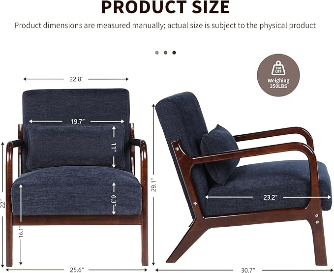 Mid Century Modern Accent ChairComfy Fabric Reading Chair with Retro Solid Wood Frame &amp High Back Upholstered Lounge Arm Side Chair for Living Room Bedroom Balcony (Antique Blue)