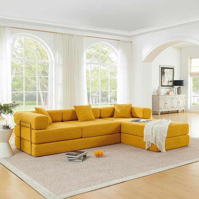 Convertible Folding Sofa Bed Modern Futon L Shaped Sleeper Sofa Fold Out Couch Bed with Gold Fixed Frame Modular Floor Sofas Comfy Corduroy Boneless Couches for Living Room (108 Yellow)