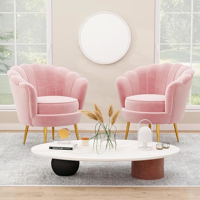 DAGONHIL Mid Century Modern Upholstered Accent ChairPetal Vanity ChairRetro Leisure Velvet Single Sofa with Golden Metal Legs for Living Room/Bedroom(Light Pink)