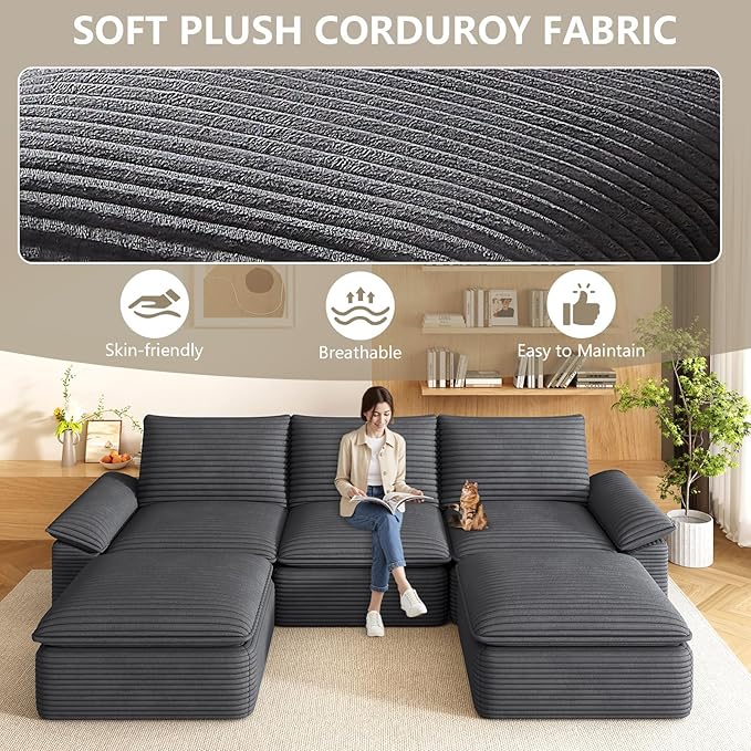 111 Cloud Sectional Couch with U-Shaped Chaise Corduroy Sectional Sofa with Ottoman Boneless Couch with Deep Seat in a Box for Living Room No Assembly Required (Dark Grey)