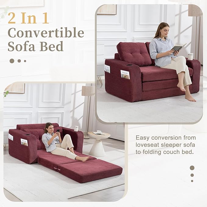 54 Convertible Sofa Bed 2-in-1 Boneless Folding Couch Bed with Cup Holder &amp Pocket Corduroy Fold Out Floor Couch with Pillows for Living Room Bedroom Small Spaces (Wine Red)
