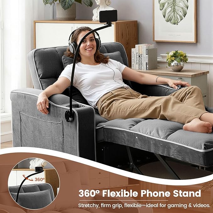 Sleeper Chair Convertible Pull Out Chair Sleeper with Bracket and Cup Holder Chairs Bed Sleepers for Adults 3 in 1 Sofa Bed Chairs for Small Spaces Living Room Gray