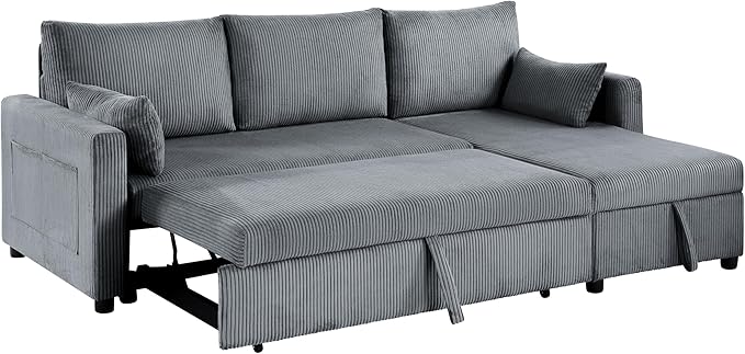 Queen Sleeper Sofa Convertible Sofa Bed with Storage 85 Inch Sectional Couch with Pull Out Bed L Shaped 3 Seat Sectional Sleeper Sofa for Living Room Apartment Grey